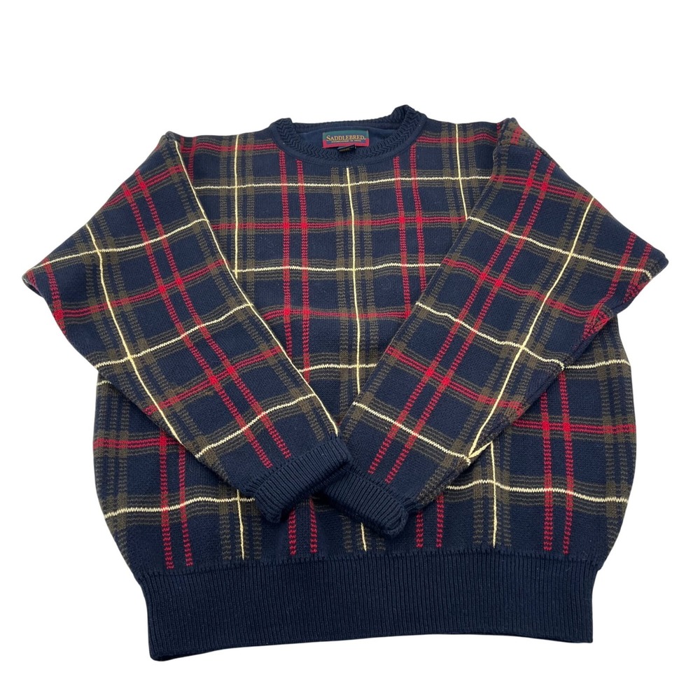 Saddlebred Men's Vintage Plaid Sweater Navy Red Yellow Size Large Christmas